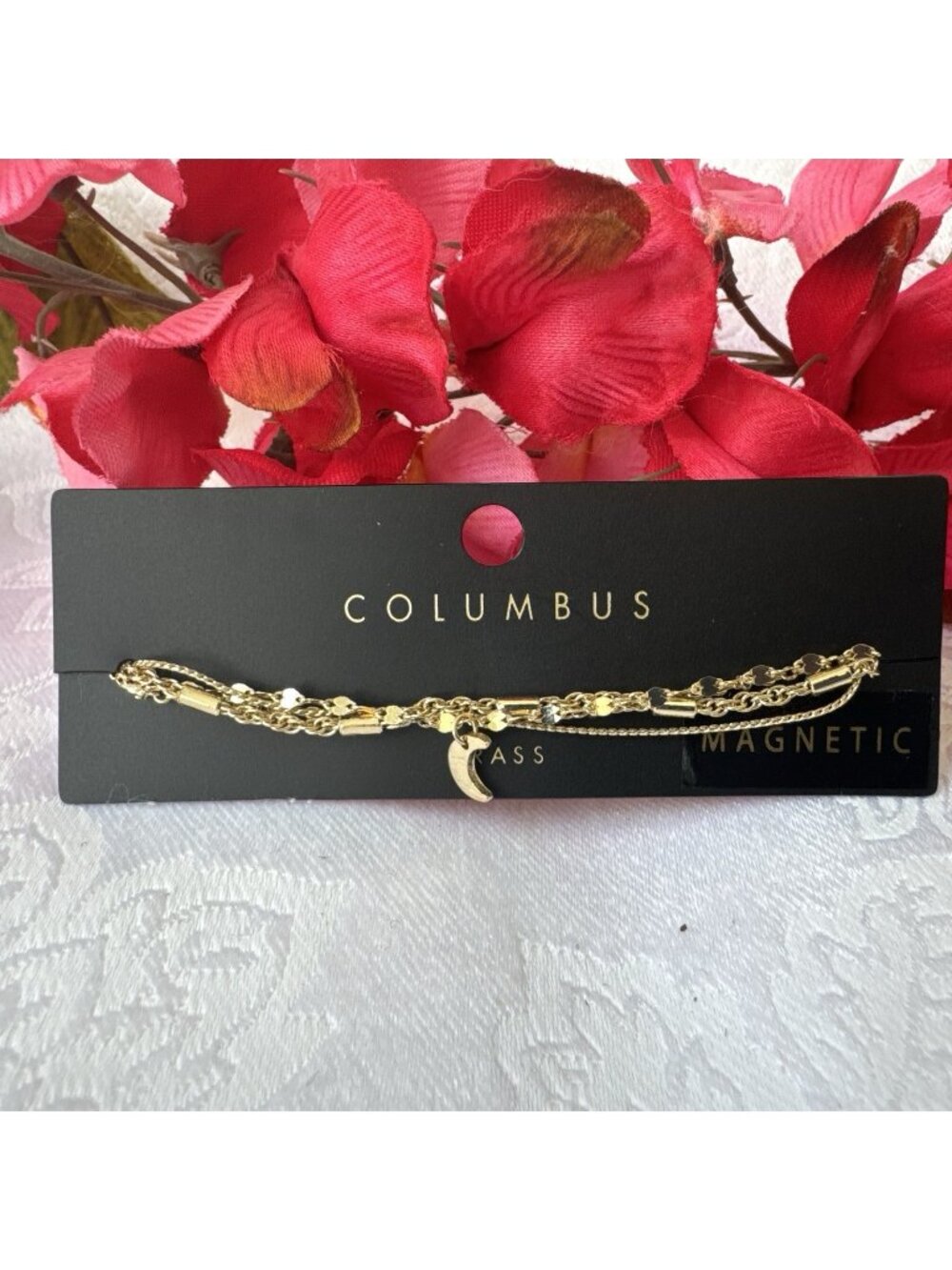Columbus Magnetic Goldtone Brass 4 Layer Tiny Chain Moon Charm Bracelet NWT